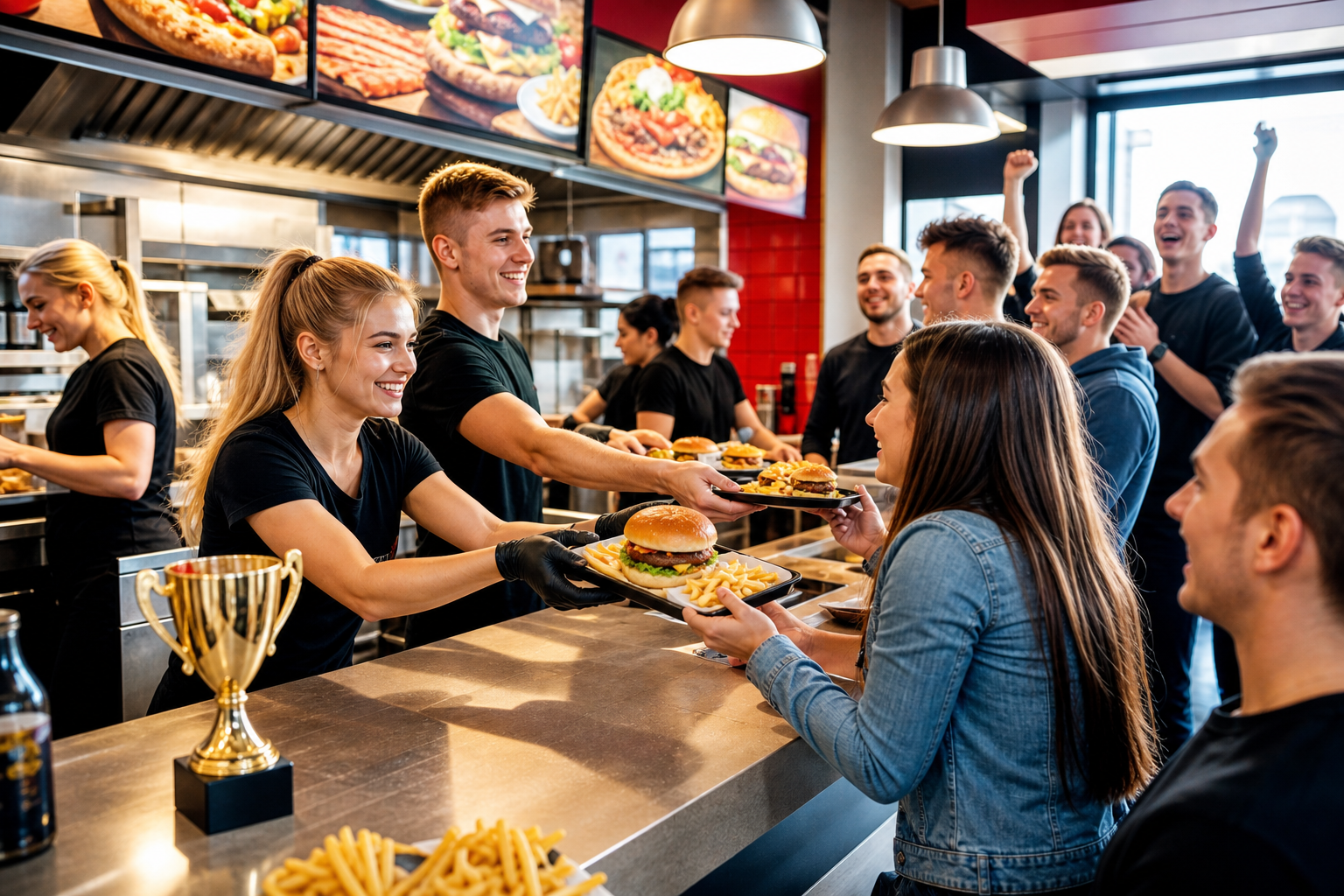 Tętniący ruchem lokal fast food z pucharem jako symbolem wygranej.