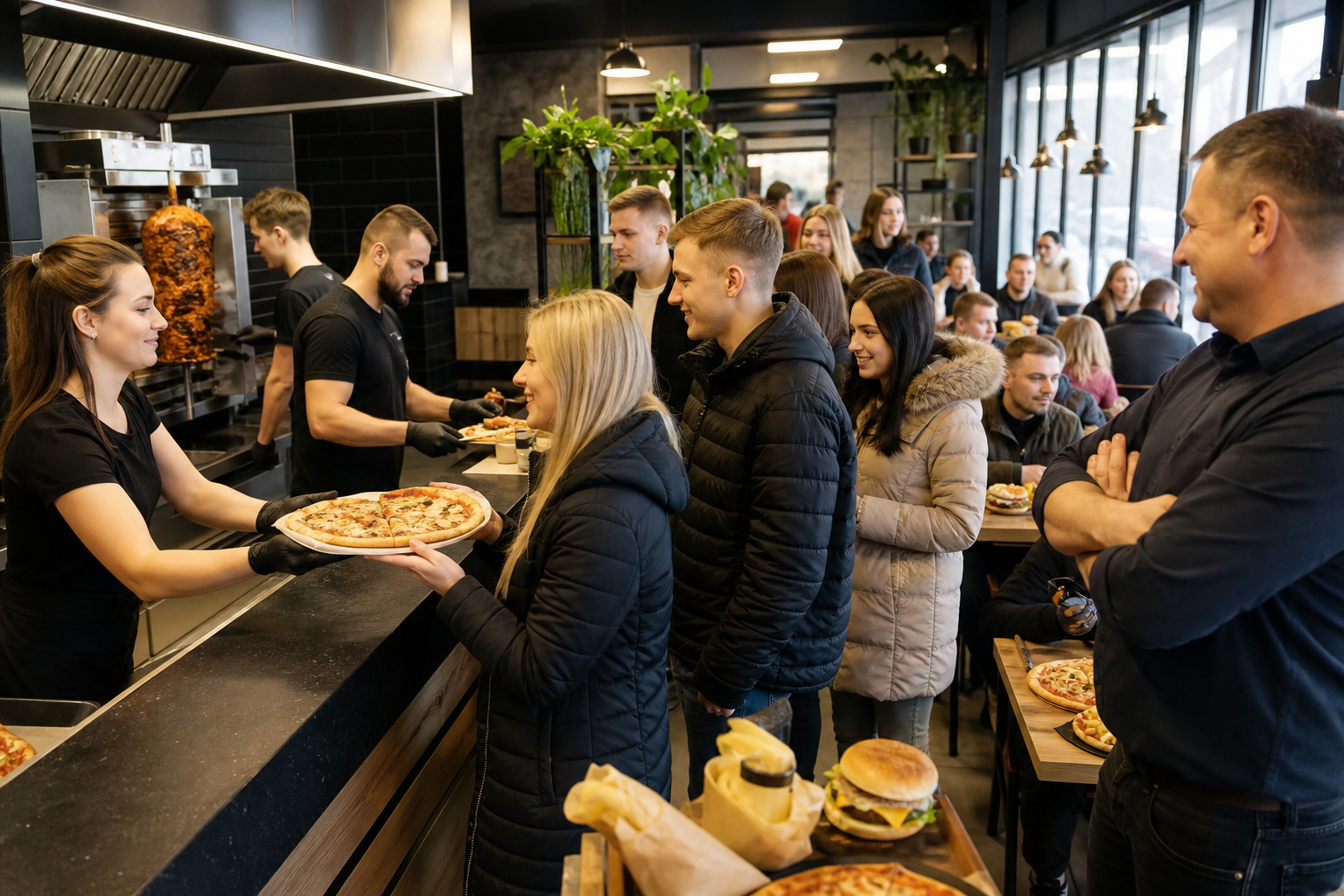 Rosnący ruch w lokalu fast food, właściciel zadowolony z klientów.