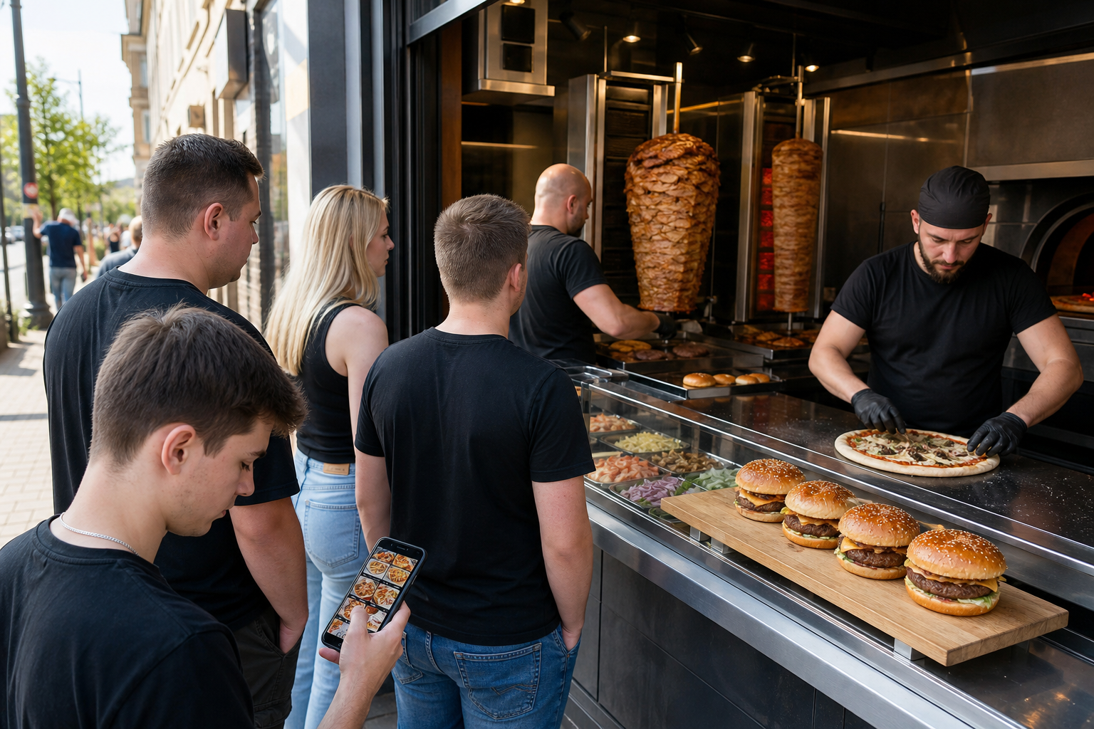 Klienci wybierają popularny lokal fast food w Sosnowcu, sprawdzając ofertę w telefonie.