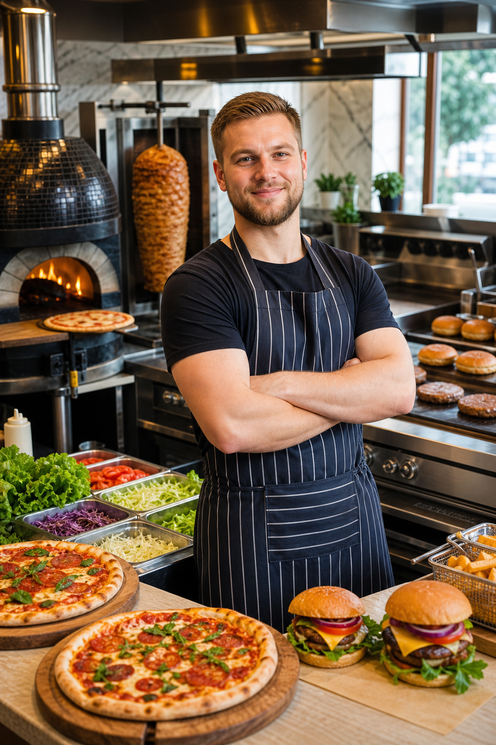 Pewny siebie właściciel lokalu fast food w kuchni z piecem, grillem i świeżymi składnikami.