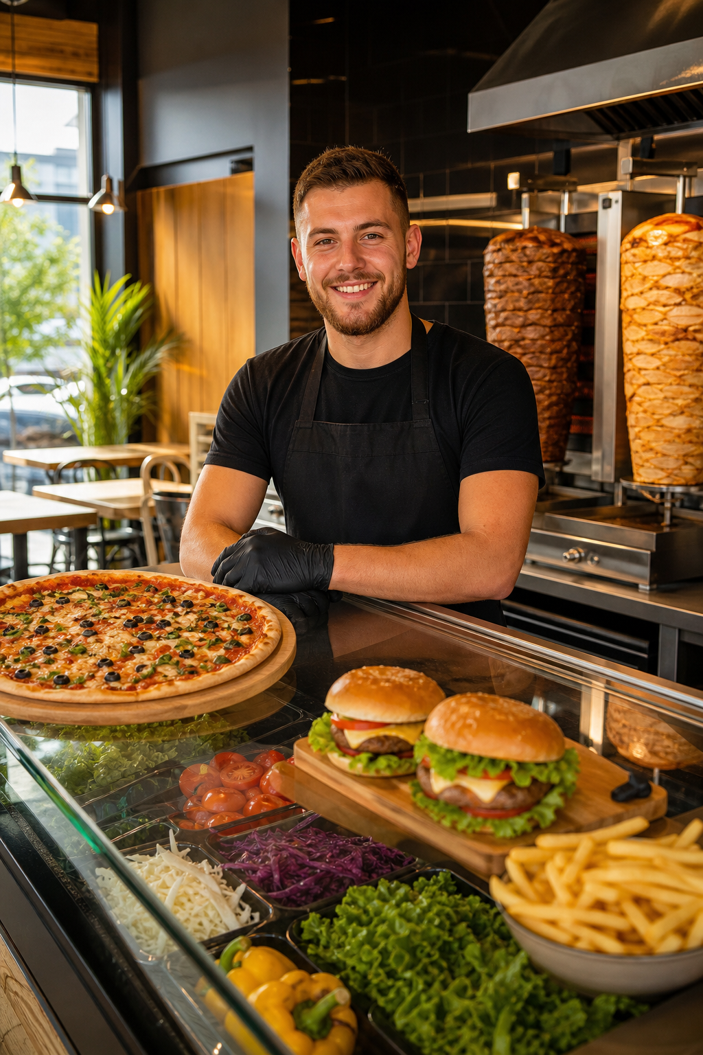 Schludny lokal fast food w spokojnej chwili, gotowy na większą liczbę klientów.