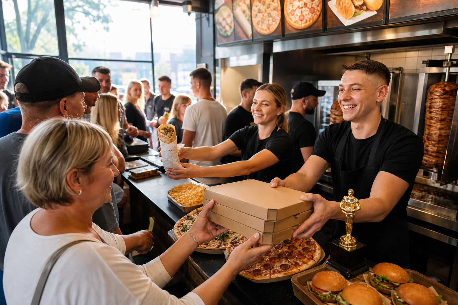 Ruchliwy lokal z pizzą, kebabem i burgerami, z symbolem zwycięstwa na ladzie.