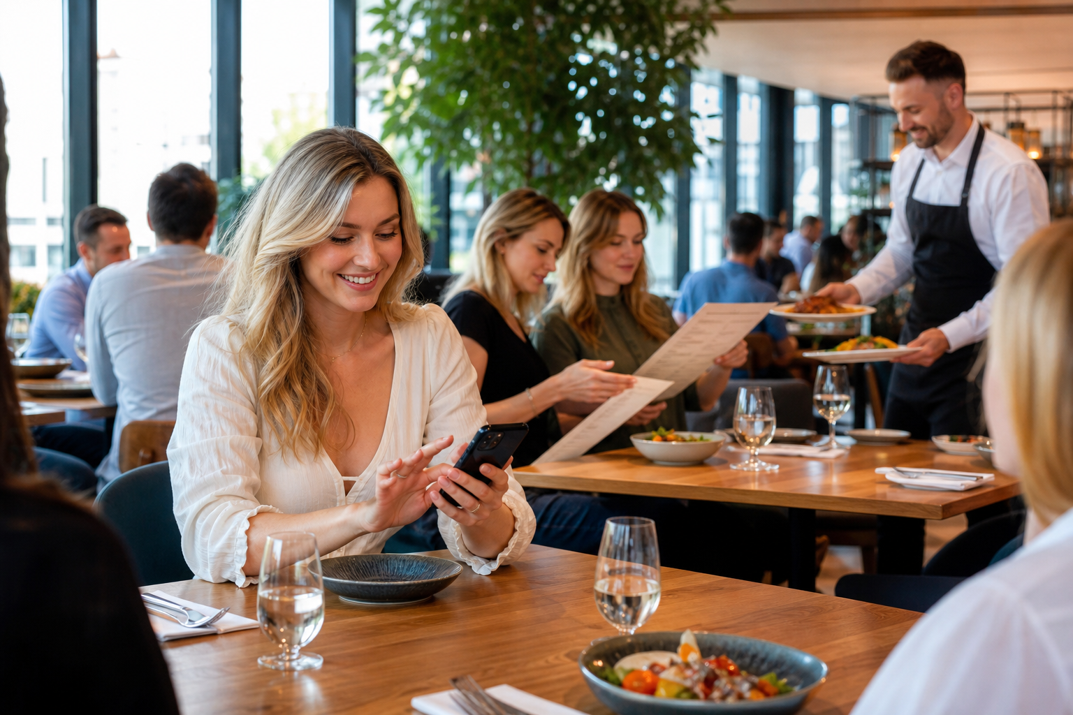 Klient w gdyńskiej restauracji wybiera lokal przez telefon przy stoliku.