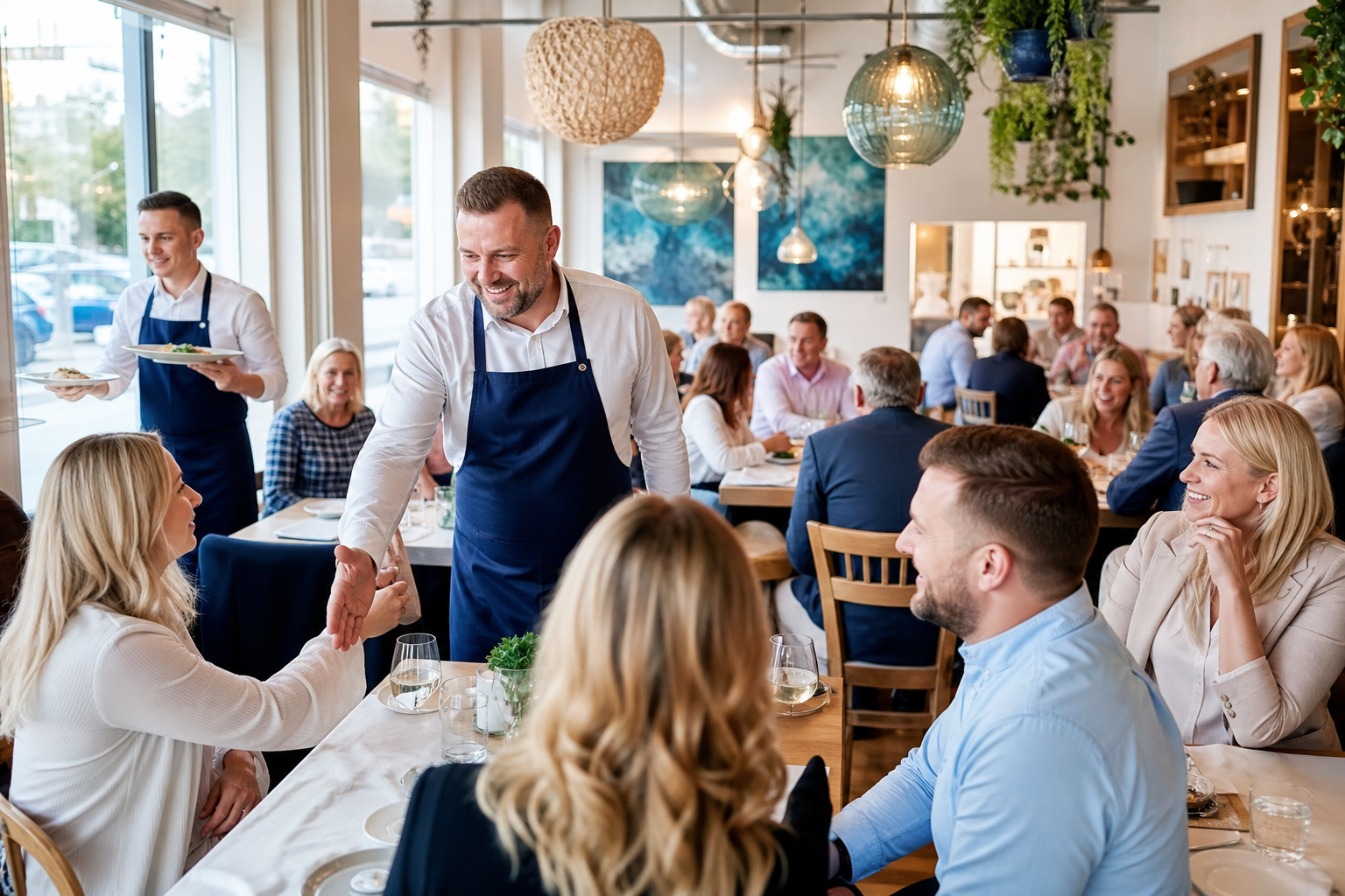 Rosnacy ruch w gdyńskiej restauracji i zadowolony wlasciciel przy gosciach.