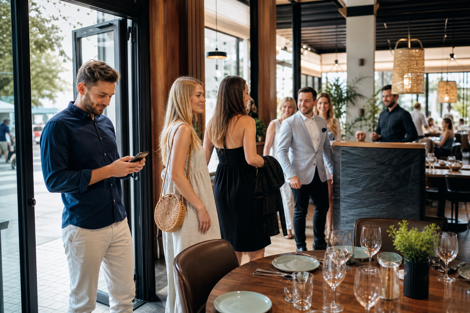 Klient w sopockiej restauracji sprawdza telefon przed wyborem stolika.