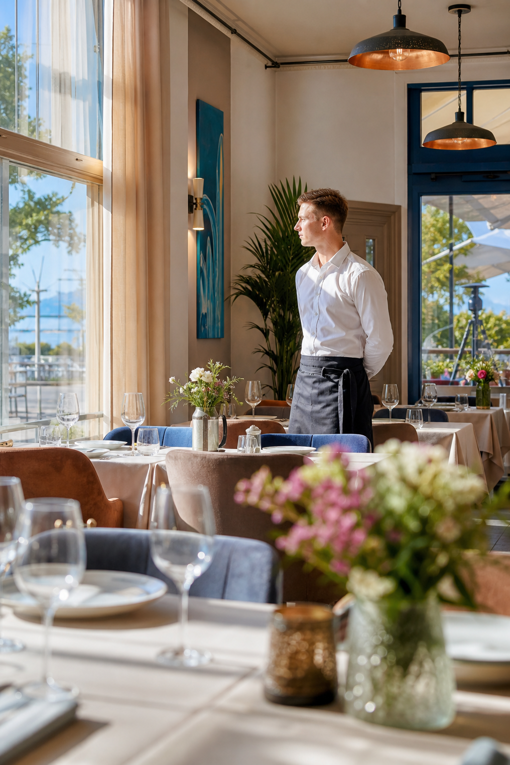 Schludna sopocka restauracja w spokojnym momencie z przygotowanymi stolikami.