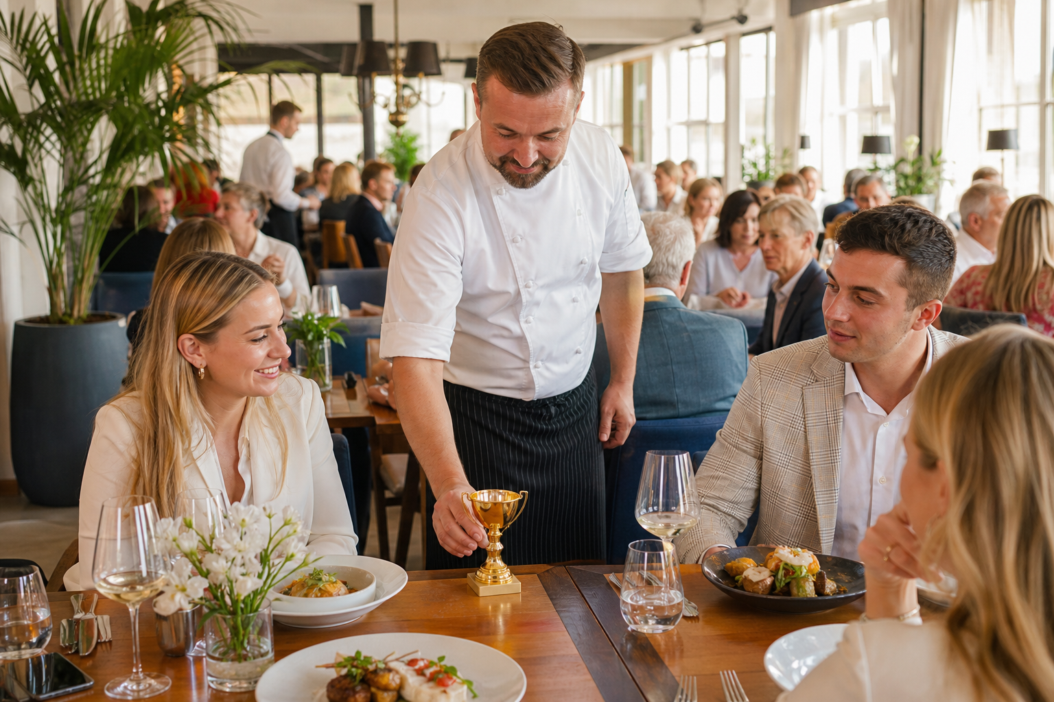 Tętniąca ruchem restauracja w Sopocie z symbolem zwycięstwa przy daniach.