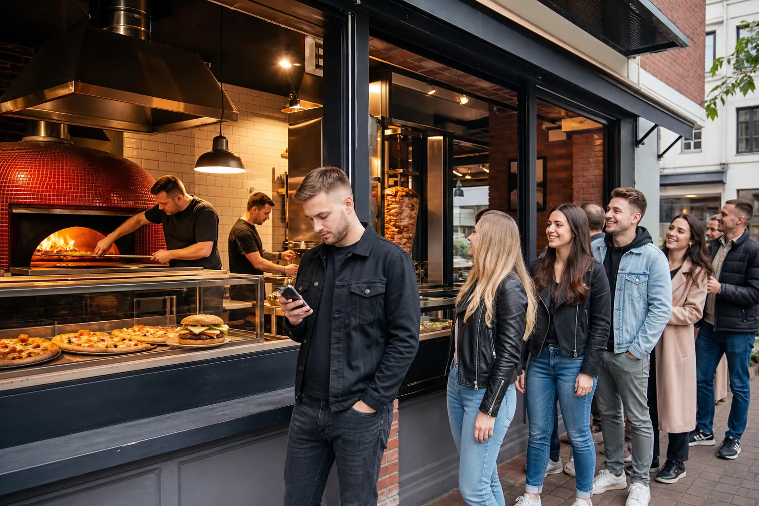 Klienci wybierają popularny fast food z pizzą, kebabem i burgerami.