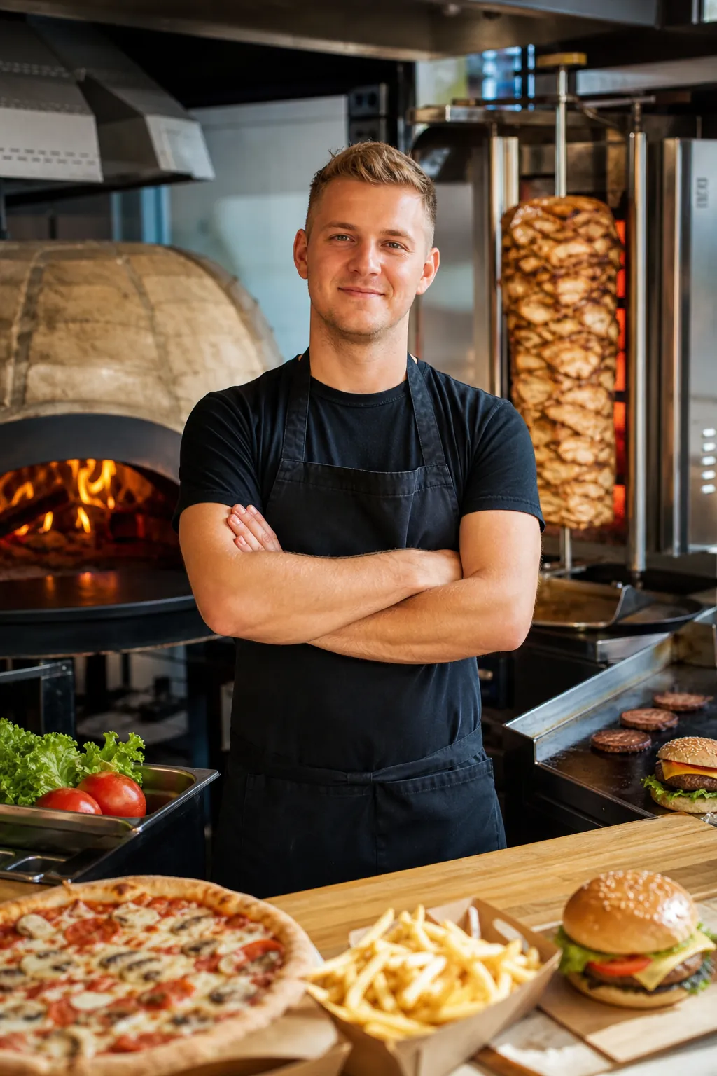 Pewny siebie właściciel lokalu z pizzą, kebabem i burgerami.