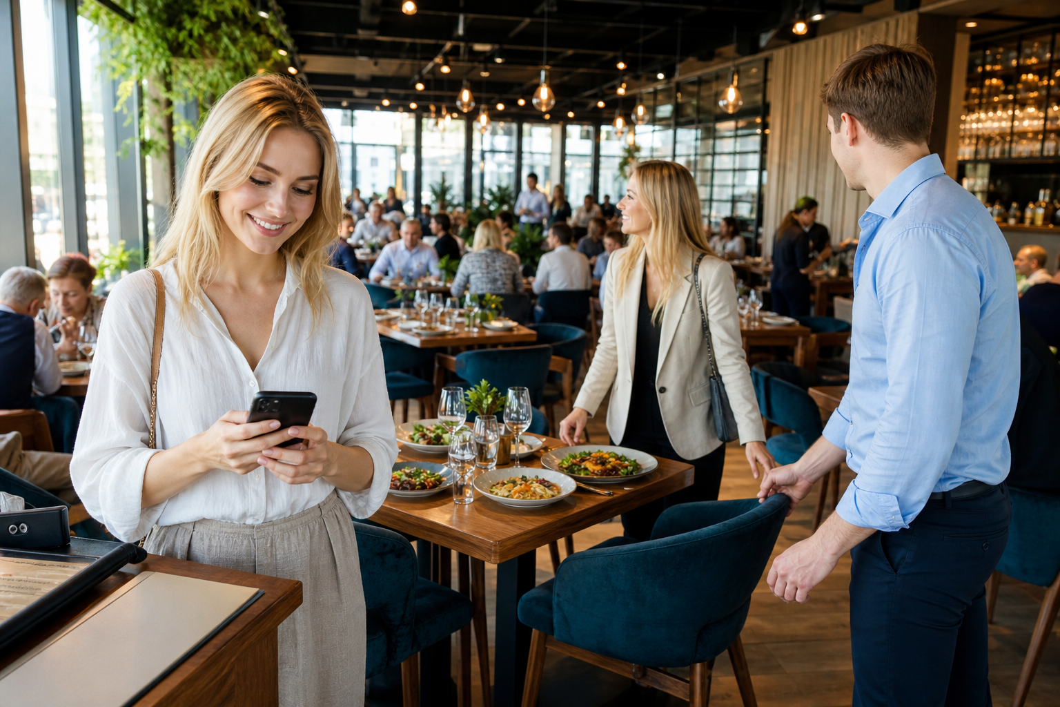 Klient wybiera restaurację w Radomiu przez telefon, obok pełna sala.