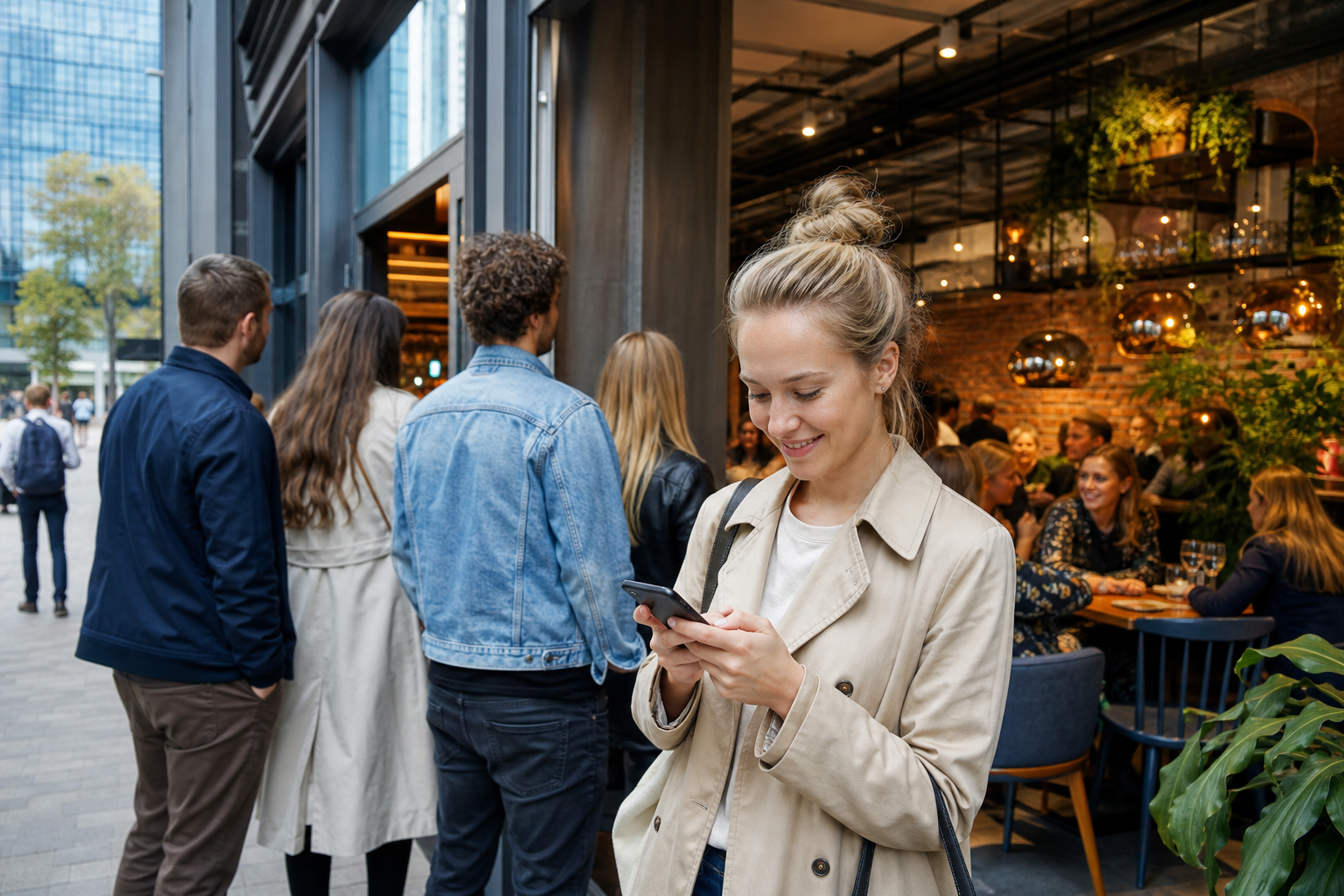 Klient wybiera restaurację w telefonie, a przed lokalem czekają goście.