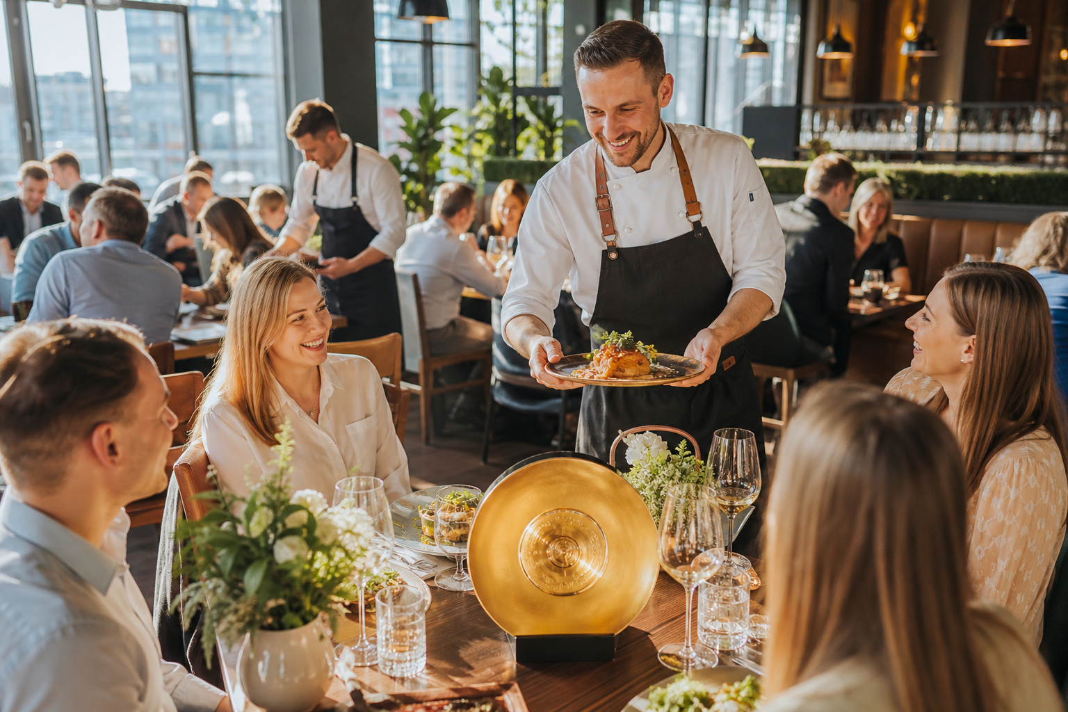 Tętniąca ruchem restauracja z gośćmi, obsługą i symbolem zwycięstwa.