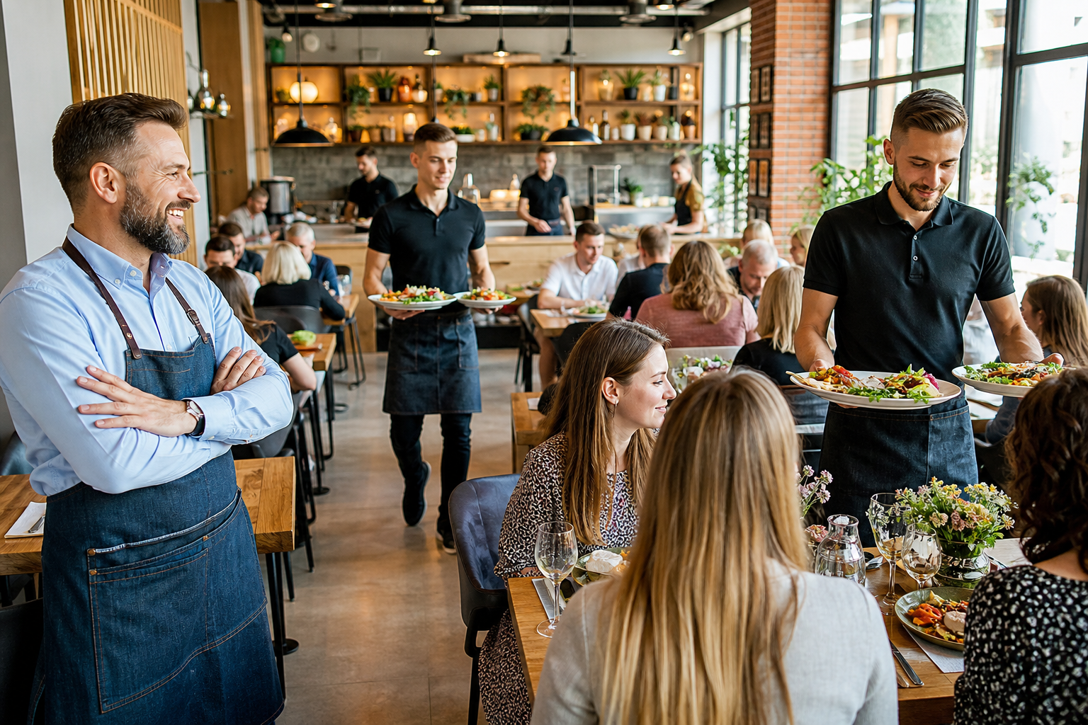 Rozwój restauracji pokazany przez napływ gości i zadowolonego właściciela.
