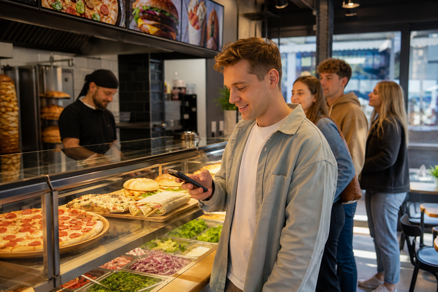 Klient w Sopocie wybiera lokal fast food, patrząc w telefon przy ladzie.