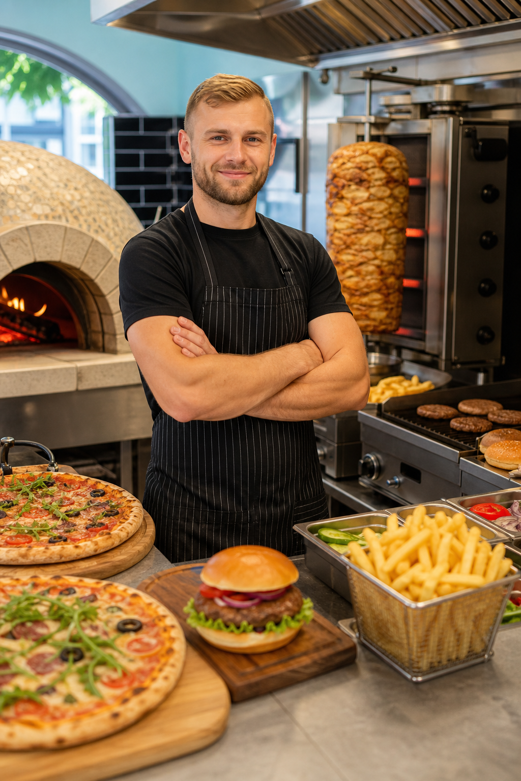 Pewny siebie właściciel lokalu z pizzą, kebabem i burgerami w Sopocie.