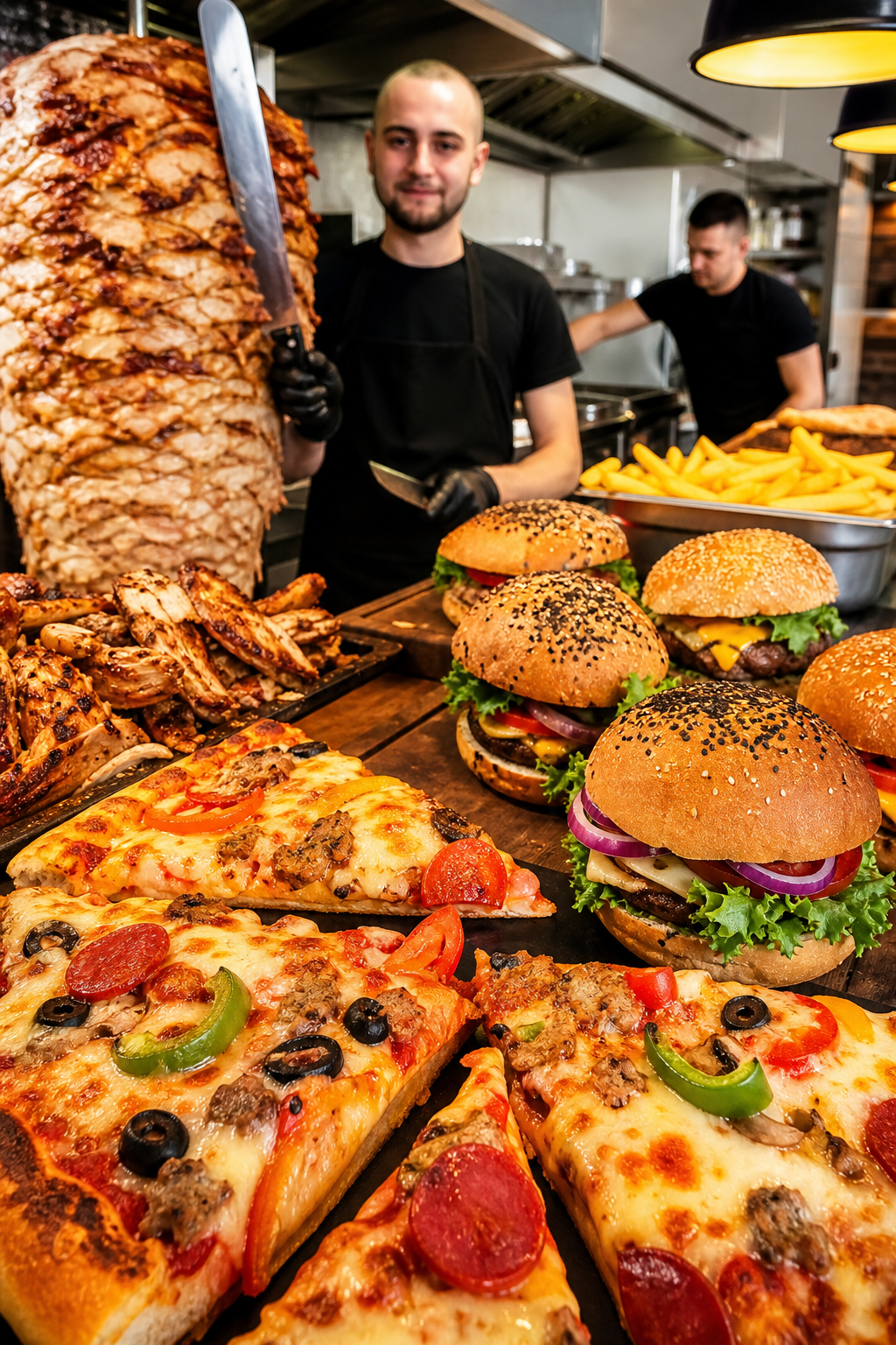 Apetyczne pizze, kebab, burgery i frytki gotowe przyciągnąć klientów.