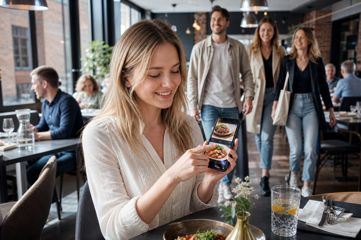 Klient wybiera toruńską restaurację na telefonie, w tle goście i sala lokalu. Klient wybiera toruńską restaurację na telefonie, w tle goście i sala lokalu.