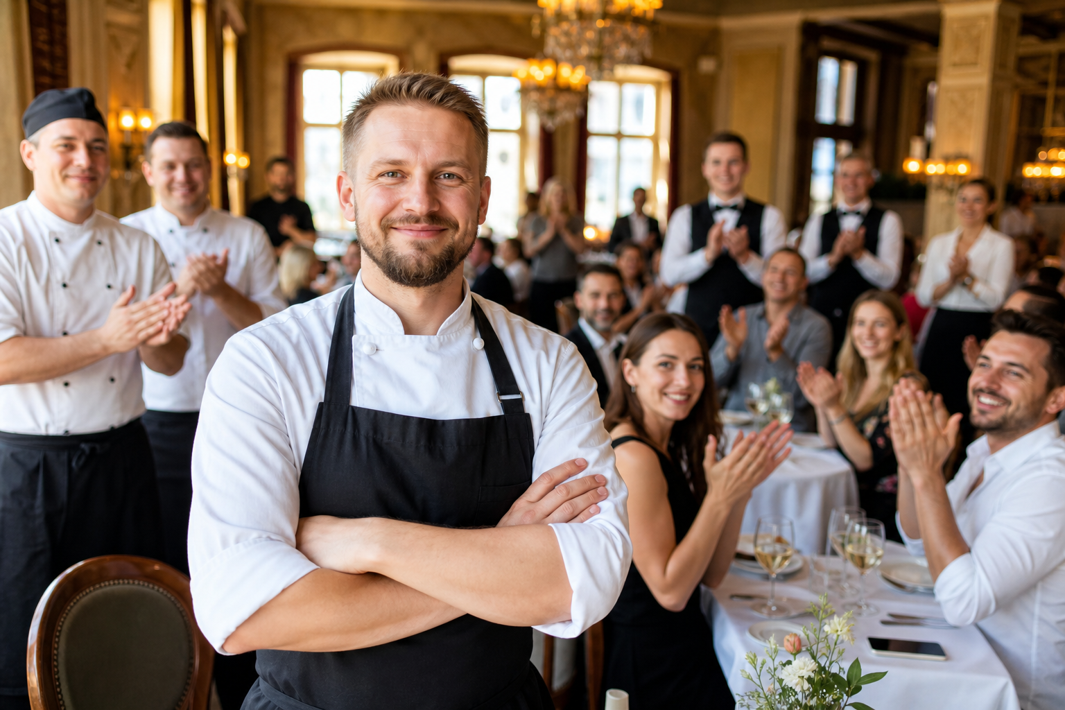 Dumny właściciel w pełnej restauracji, wśród gości, kelnerów i kucharzy. Dumny właściciel w pełnej restauracji, wśród gości, kelnerów i kucharzy.