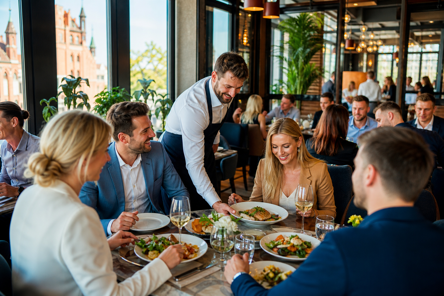 Tętniąca życiem restauracja w Toruniu z gośćmi, kelnerami i daniami na stołach. Tętniąca życiem restauracja w Toruniu z gośćmi, kelnerami i daniami na stołach.
