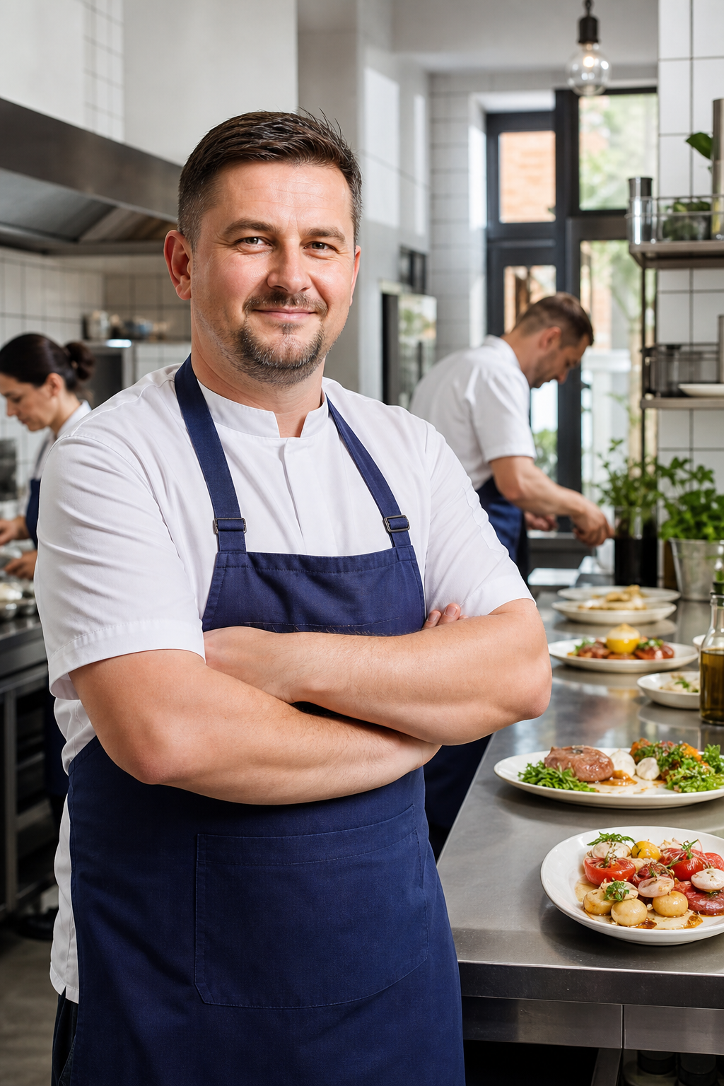 Pewny siebie właściciel restauracji w kuchni, przy gotowych daniach. Pewny siebie właściciel restauracji w kuchni, przy gotowych daniach.