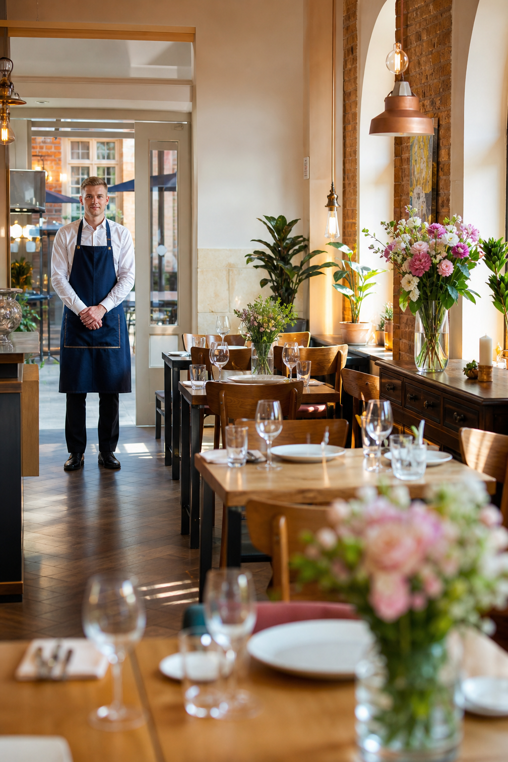Ładna restauracja w spokojnej chwili, z pustymi stolikami i kelnerem przy wejściu. Ładna restauracja w spokojnej chwili, z pustymi stolikami i kelnerem przy wejściu.
