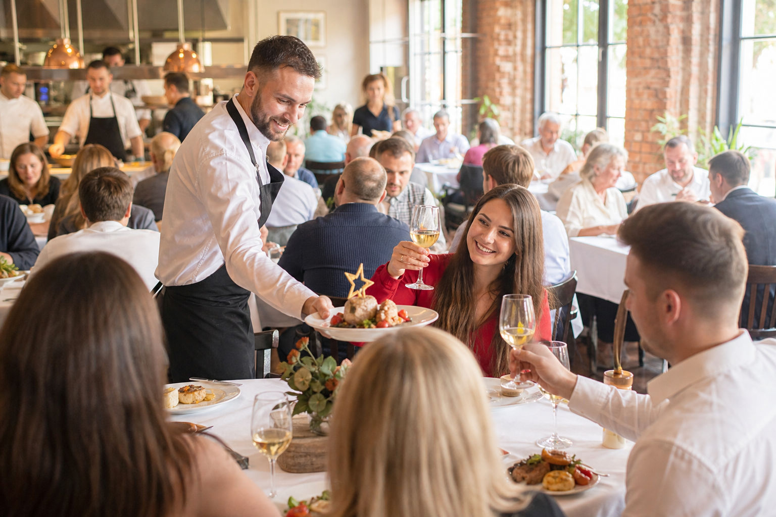 Pełna gości restauracja w Toruniu z dynamiczną obsługą i symbolem zwycięstwa. Pełna gości restauracja w Toruniu z dynamiczną obsługą i symbolem zwycięstwa.