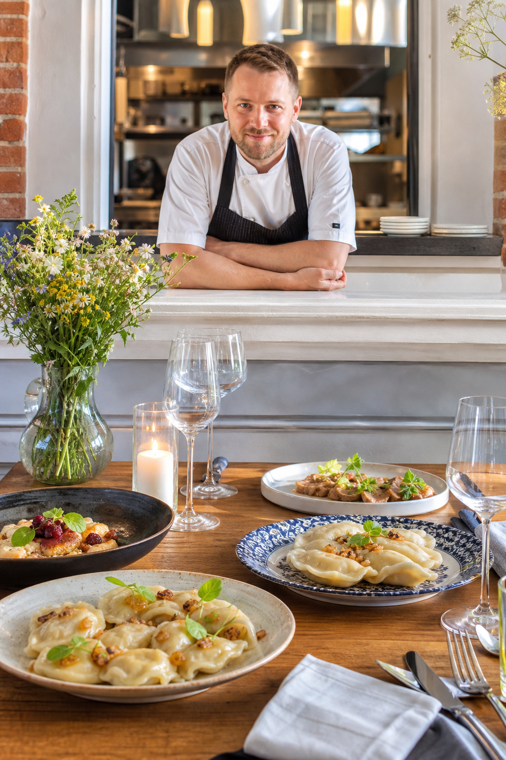 Gotowe dania w restauracji czekają na gości, szef kuchni patrzy z dumą. Gotowe dania w restauracji czekają na gości, szef kuchni patrzy z dumą.