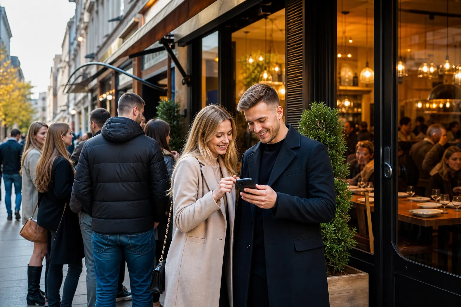 Klienci wybierają restaurację w Łodzi, sprawdzając rezerwację w telefonie.