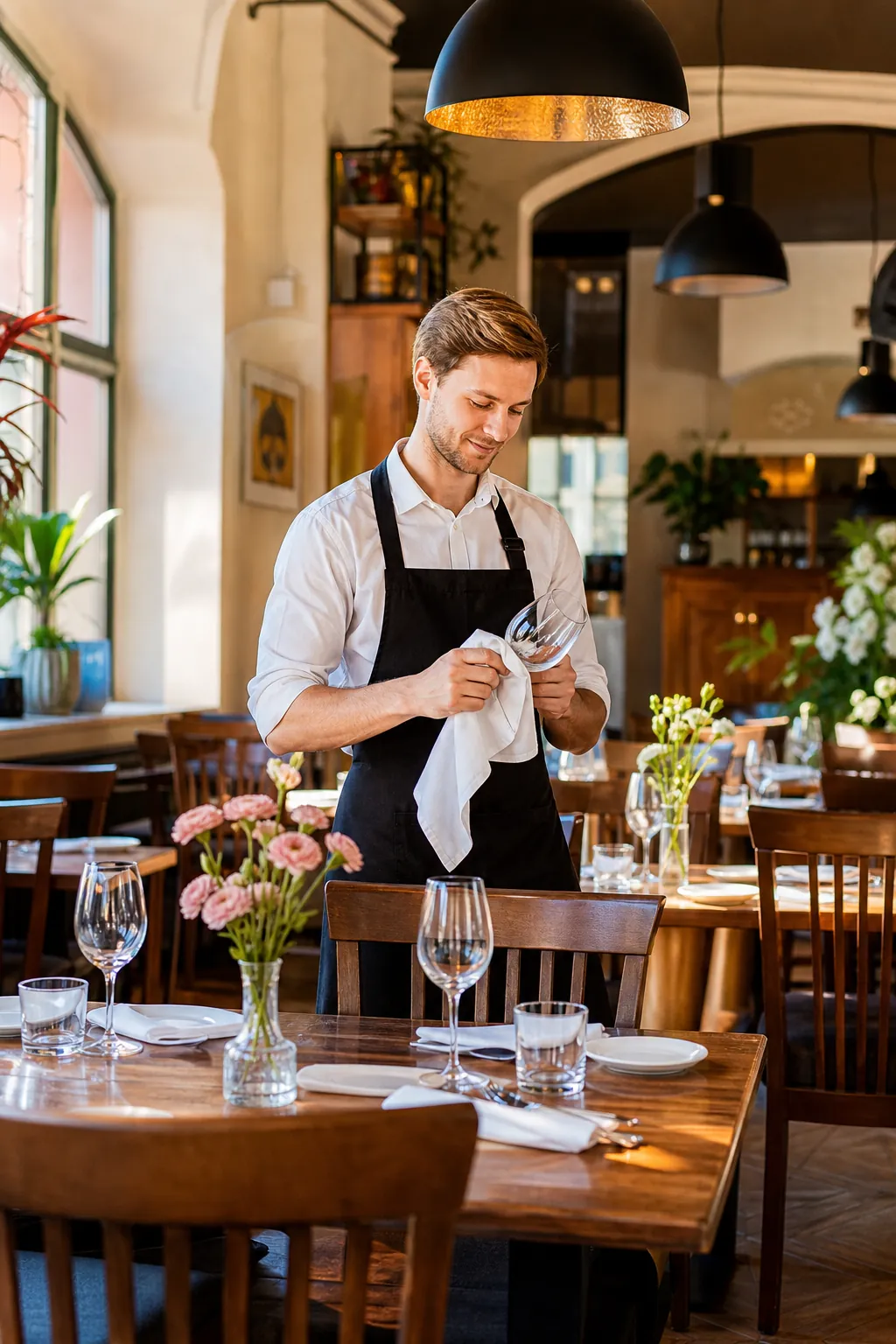 Ładna restauracja w Łodzi w spokojnym momencie, gotowa na więcej gości.
