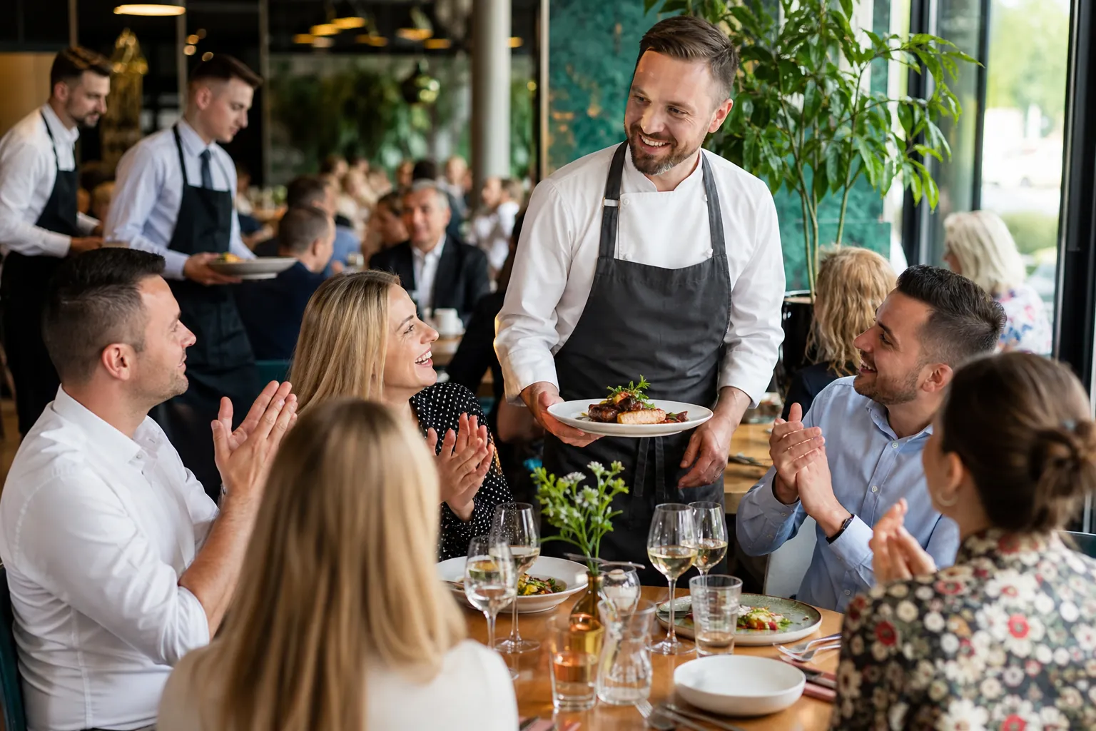 Pełna restauracja w Łodzi z ruchem, daniami i atmosferą zwycięstwa.