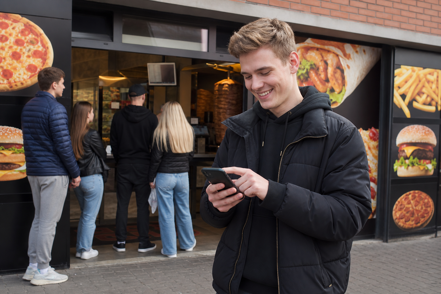 Klient w Gdyni wybiera lokal z pizzą, kebabem i burgerami przez telefon.