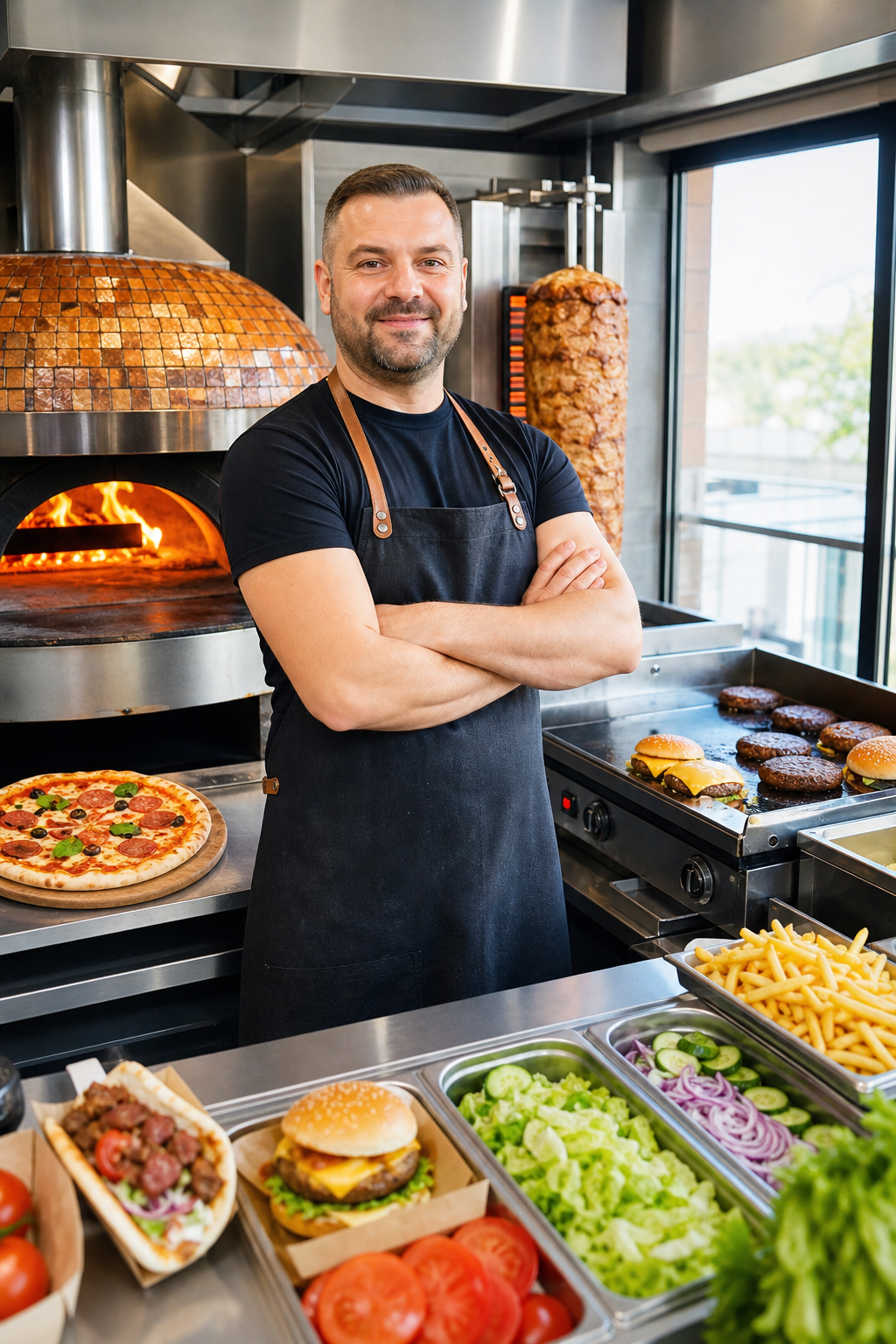 Pewny siebie właściciel lokalu z pizzą, kebabem i burgerami w Gdyni.