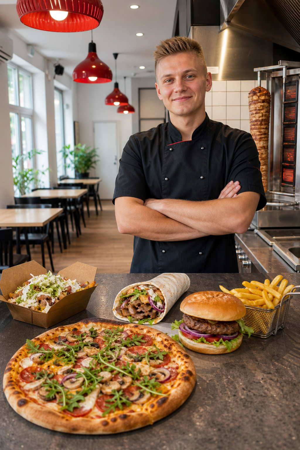 Ładny lokal z pizzą, kebabem i burgerami w spokojnym momencie dnia.