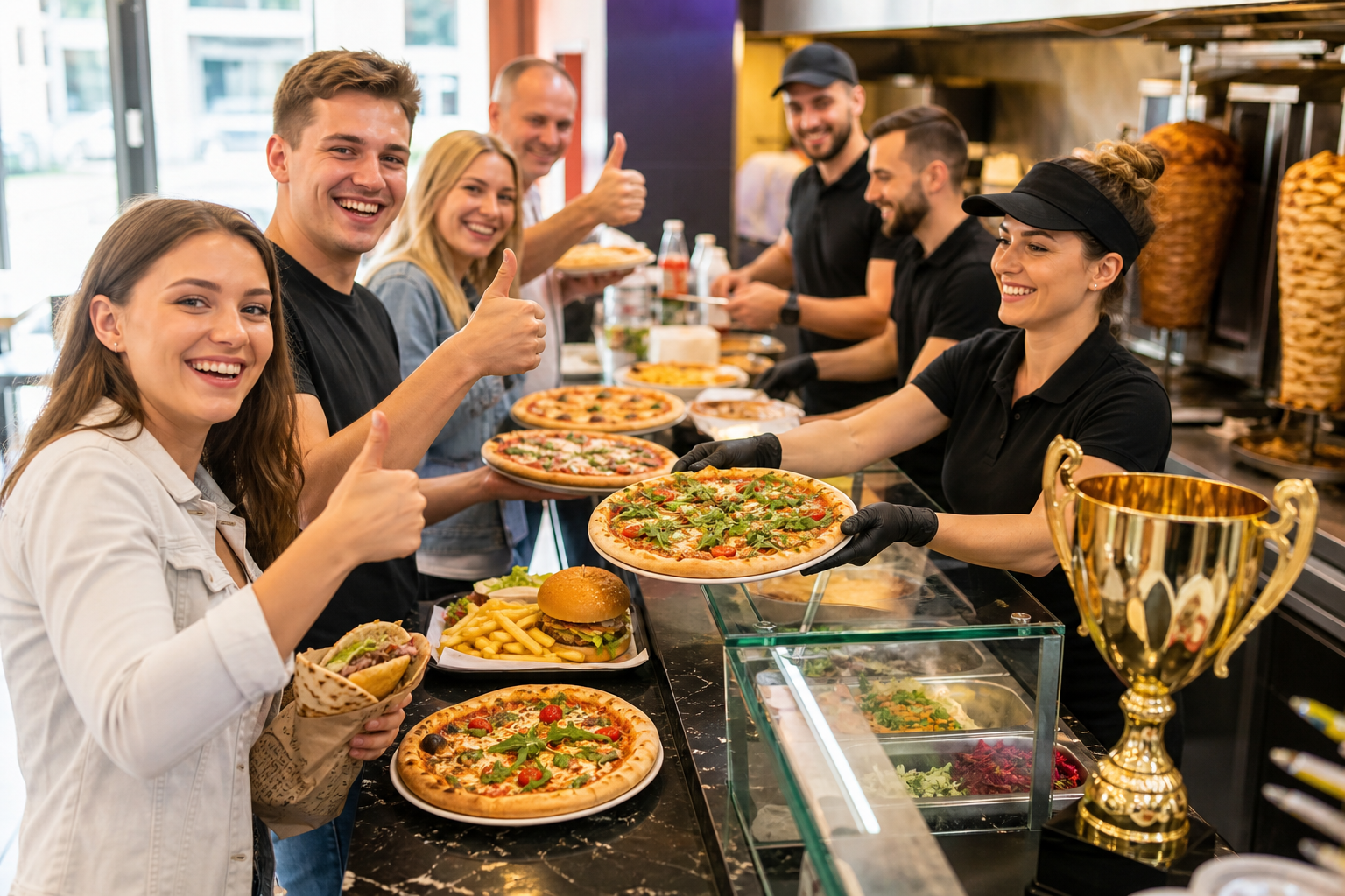 Ruchliwy lokal fast food w Gdyni z symbolem zwycięstwa i zadowolonymi klientami.
