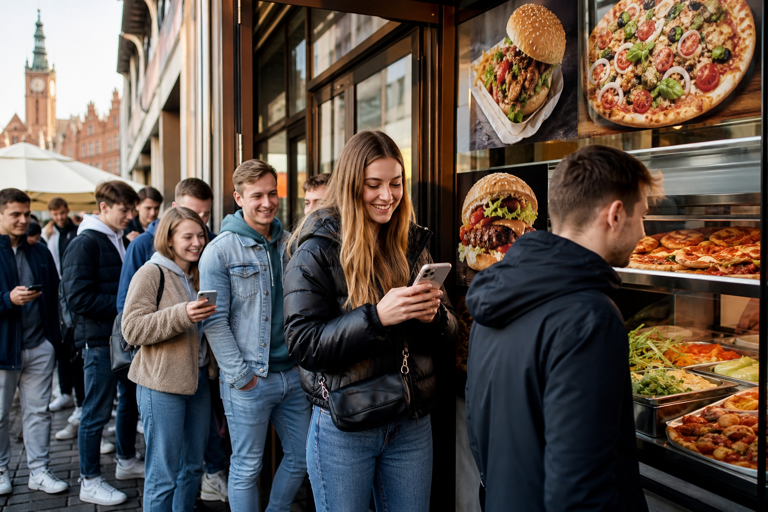 Klienci z telefonami wybierają popularny fast food w Gdańsku.