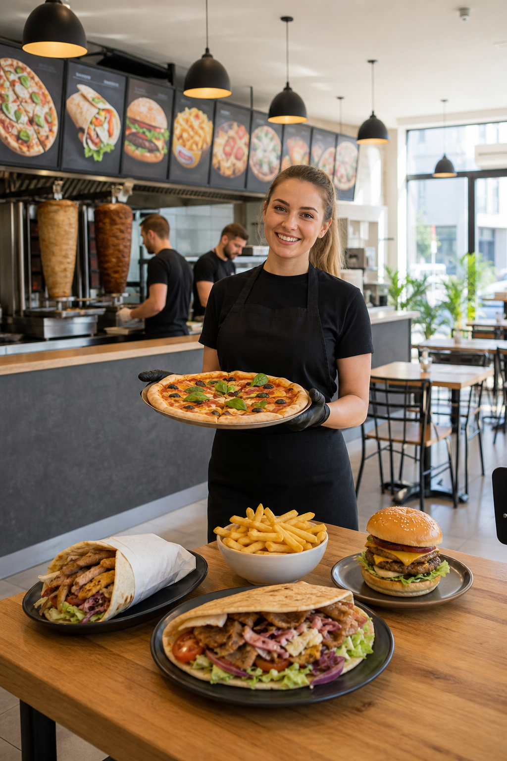 Schludny lokal z pizzą, kebabem i burgerami w spokojnym momencie.