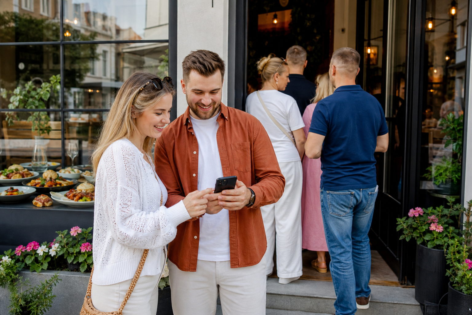 Klienci przed restauracją w Płocku sprawdzają telefon i czekają na stolik.
