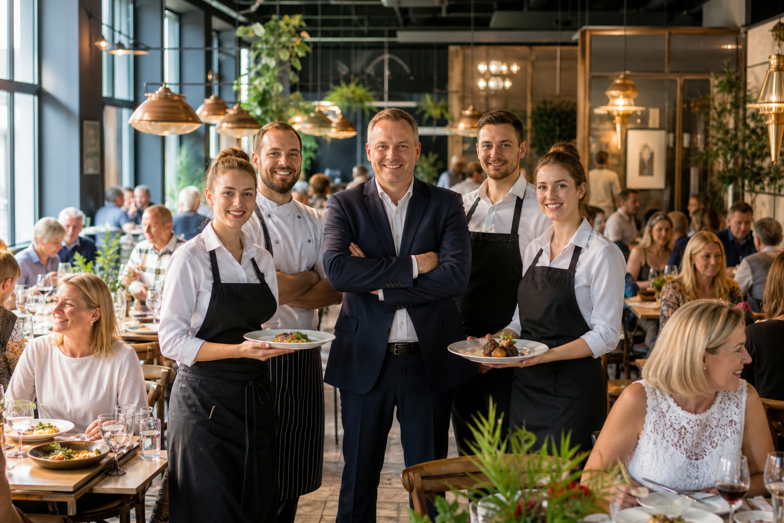 Dumny właściciel w pełnej restauracji w Płocku świętuje sukces z zespołem.