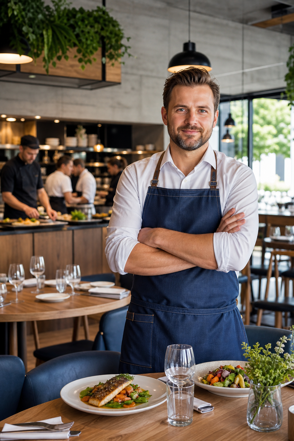 Właściciel restauracji w Płocku pozuje pewnie wśród stolików i kuchni.