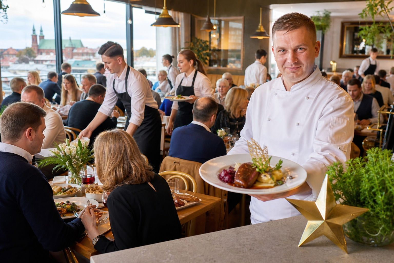 Tętniąca ruchem restauracja w Płocku, kucharz prezentuje popisowe danie.