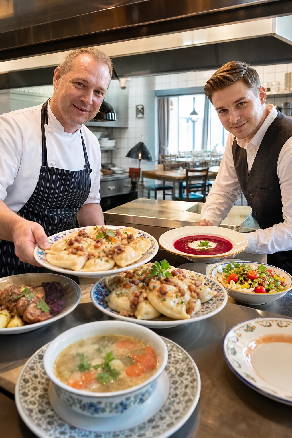 Gotowe dania w kuchni restauracji w Płocku czekają, by przyciągnąć gości.