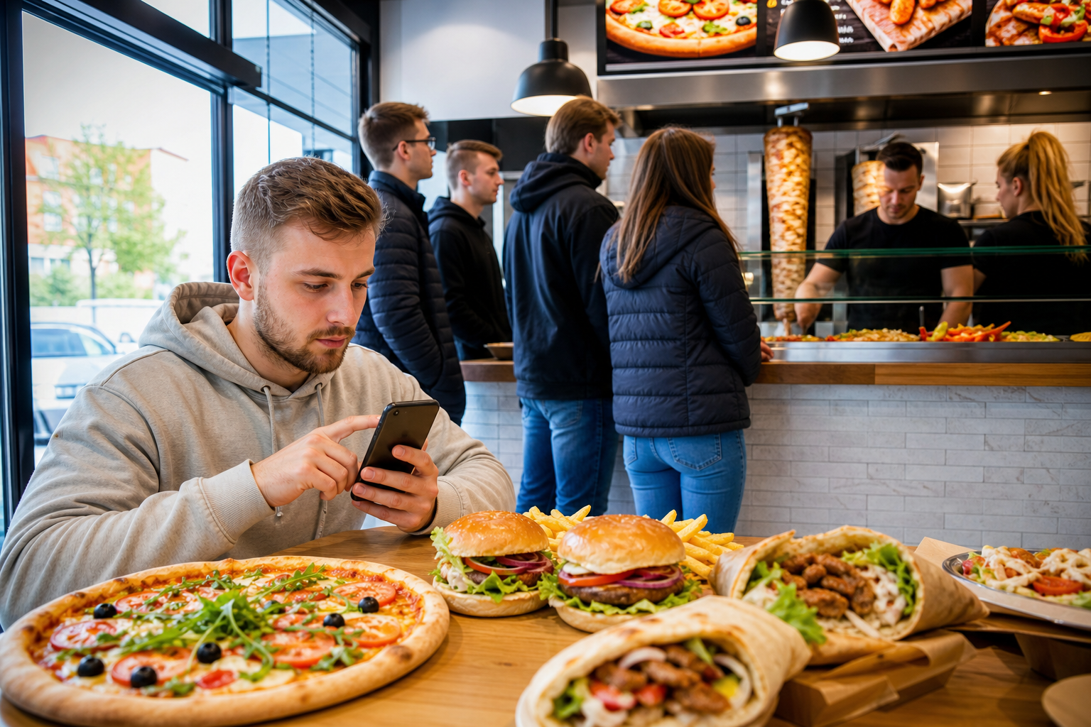 Klient w Płocku wybiera lokal fast food na telefonie, przy ladzie czeka kolejka.