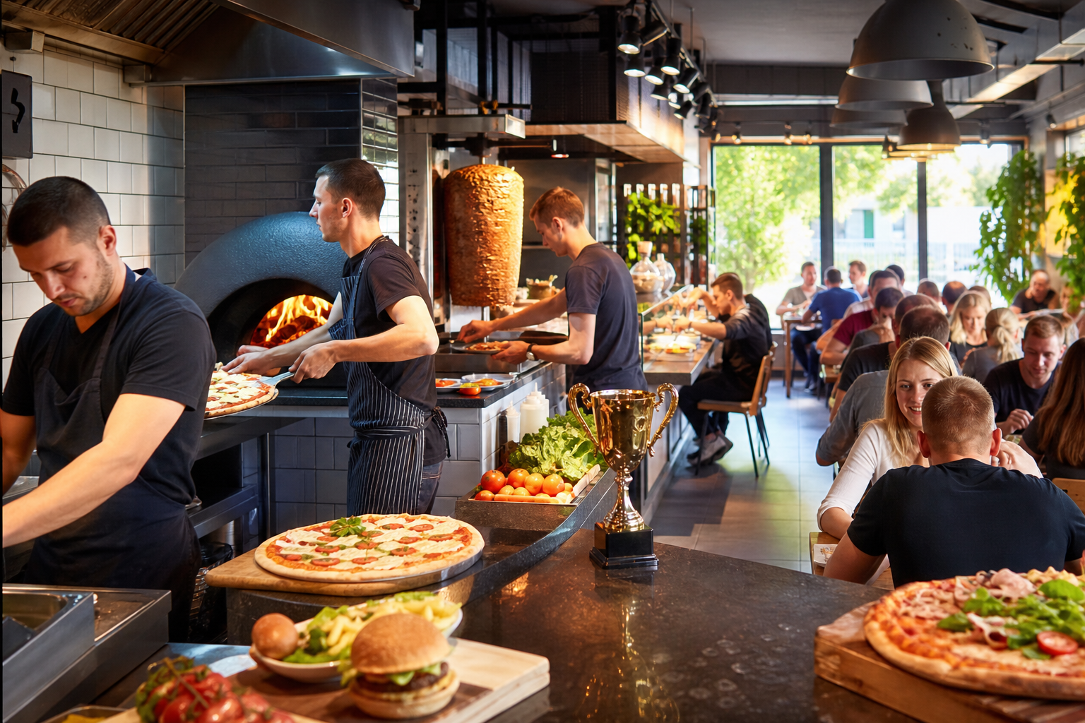 Ruchliwy lokal z pizzą, kebabem i burgerami, symbol zwycięstwa na ladzie.