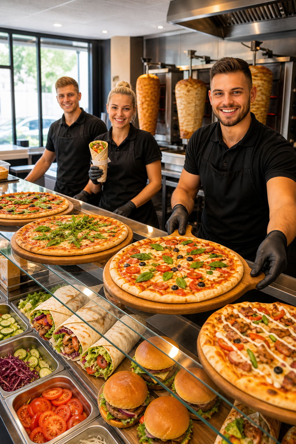 Gotowe pizze, kebaby i burgery czekają przy ladzie na klientów w Płocku.