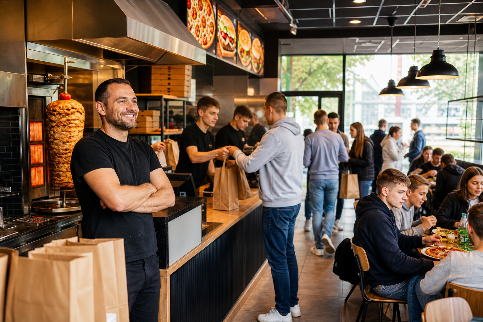 Rosnący ruch w lokalu fast food w Płocku, pełne stoliki i zadowolony właściciel.