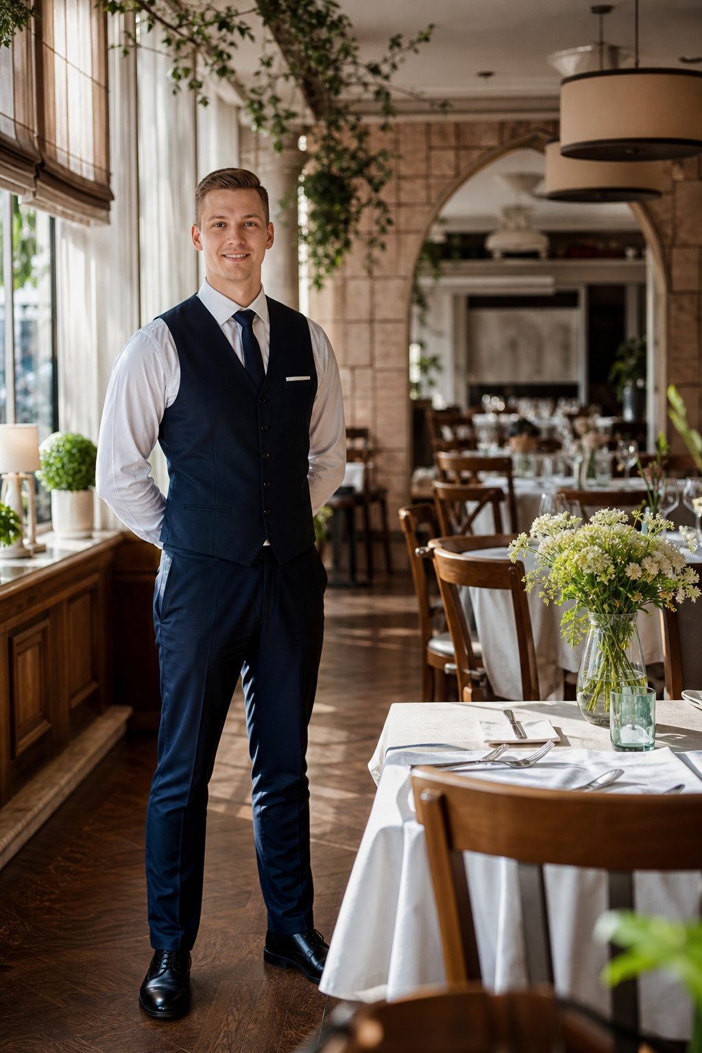 Ladna szczecinska restauracja w spokojnym momencie z gotowymi stolikami.