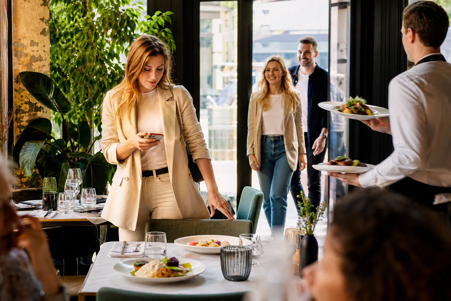 Klient wybiera restaurację w Szczecinie, patrząc na zdjęcia dań w telefonie.