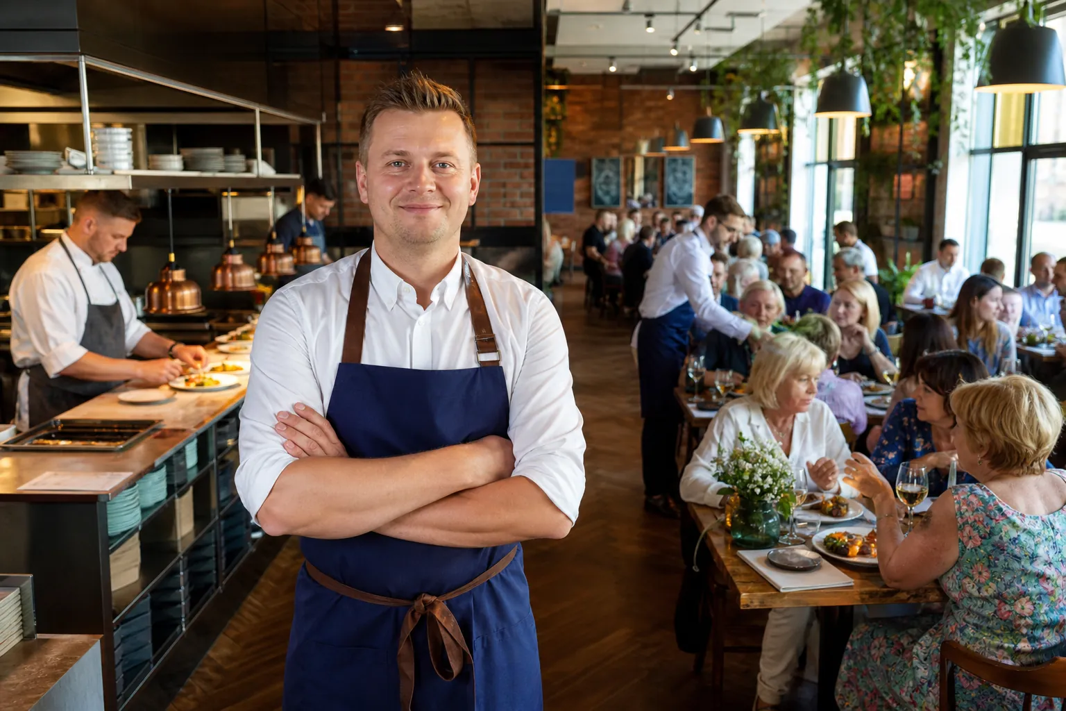 Dumny właściciel w pełnej restauracji w Szczecinie podczas udanej obsługi.