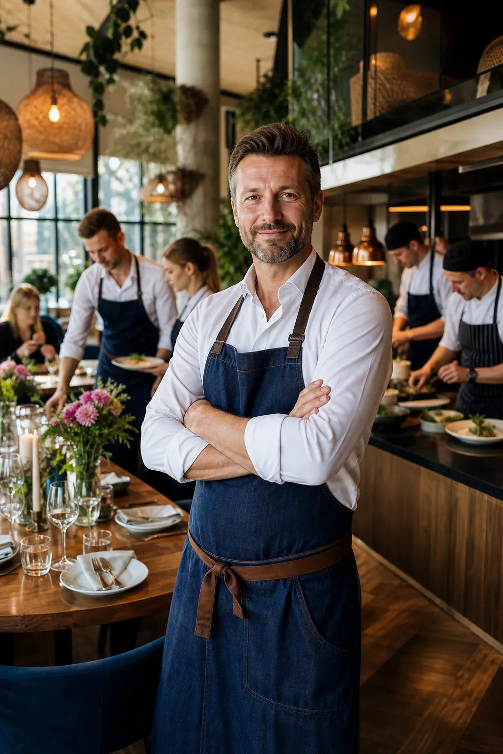 Pewny siebie właściciel restauracji w Szczecinie na tle swojej sali.