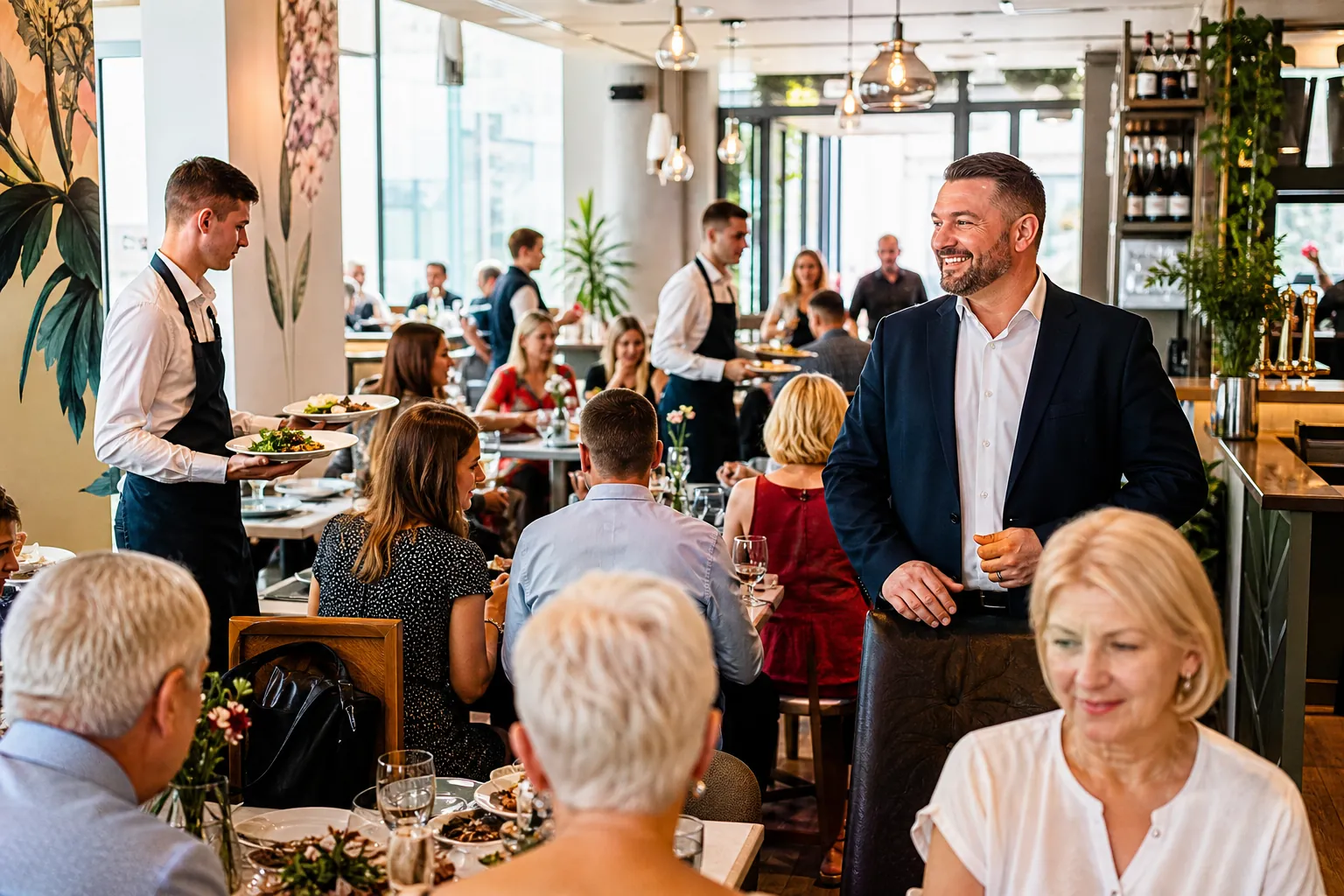 Rozwój restauracji w Szczecinie pokazany przez napływ gości i pełne stoliki.